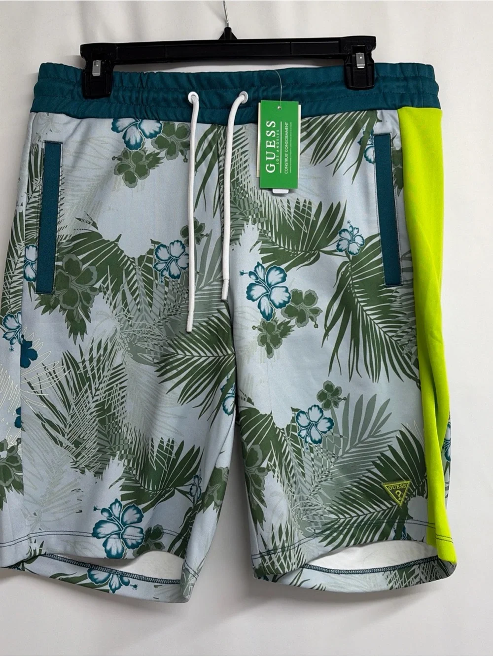 NWT GUESS Men's Small Blue Green Neon Stripe Tropical Casual Shorts$69